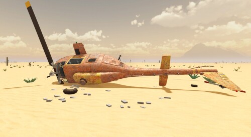 A Long Flight plane with detached parts scattered on the ground around it
